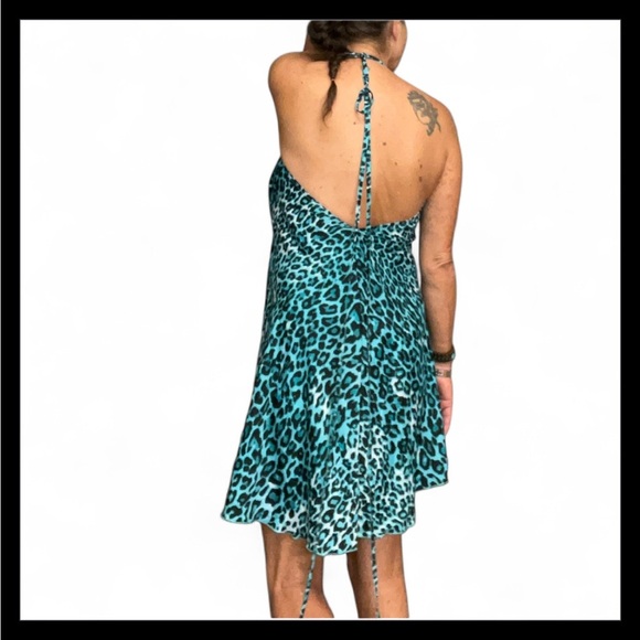India Boutique Chic Teal Leopard Print Silk Swim Cover-Up Tunic Mini Dress NWT - Picture 2 of 7